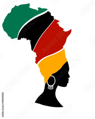 African woman, face profile silhouette with colorful turban in the shape of Africa's map Afro tribal logo design template