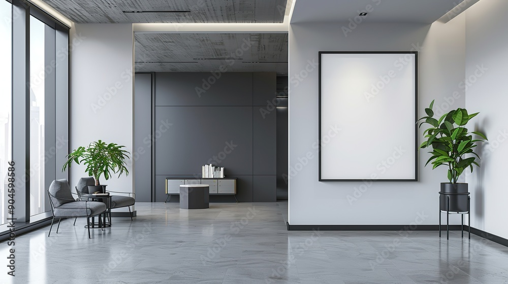 Fototapeta premium A mockup of a Large empty frame or blank white photo frame on the wall in a modern building office interior background. copy space for text.