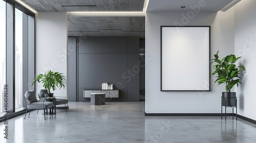 A mockup of a Large empty frame or blank white photo frame on the wall in a modern building office interior background. copy space for text.