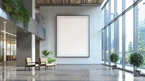 A mockup of a Large empty frame or blank white photo frame on the wall in a modern building office interior background. copy space for text.