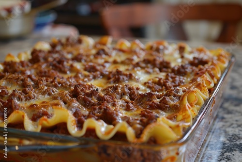 A large lasagna with meat and cheese is sitting on a table. The dish is covered in sauce and cheese, and it looks delicious photo