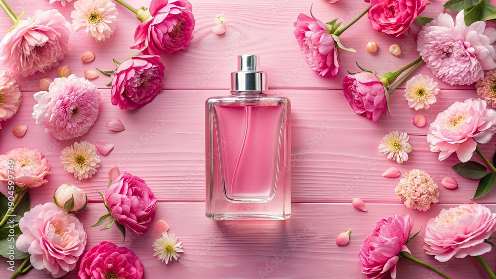 Pink bottle of cologne surrounded by pink flowers on a matching background, pink, bottle, cologne, pink background Pink bottle of cologne surrounded by pink flowers on a matching background, pink, bottle, cologne, pink background