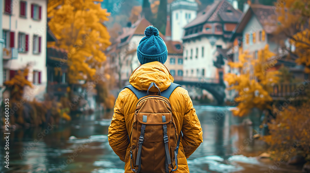 A traveler with backpack standing in front of an old town A traveler with backpack standing in front of an old town