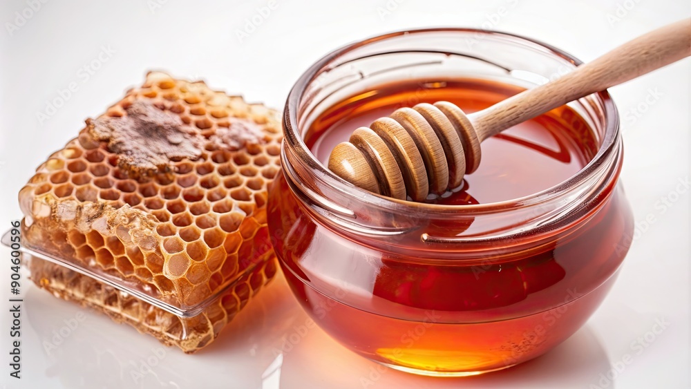 Honey isolated on a white background for food photography, sweet, sticky, clear, golden, organic, natural, pure, jar, dipping