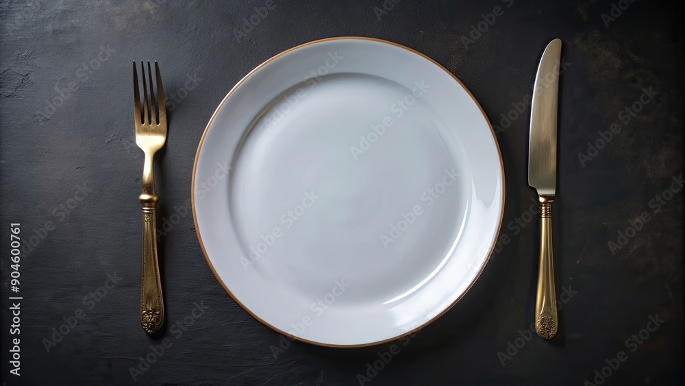 Plate with fork and knife on black surface, dining, utensils, cutlery, table setting, elegant Plate with fork and knife on black surface, dining, utensils, cutlery, table setting, elegant