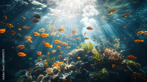 Underwater Paradise: Vibrant Scene with Tropical Fish and Coral Reefs, Natural Sunlight Filtered Through Water, Captured in a Wide-Angle Shot