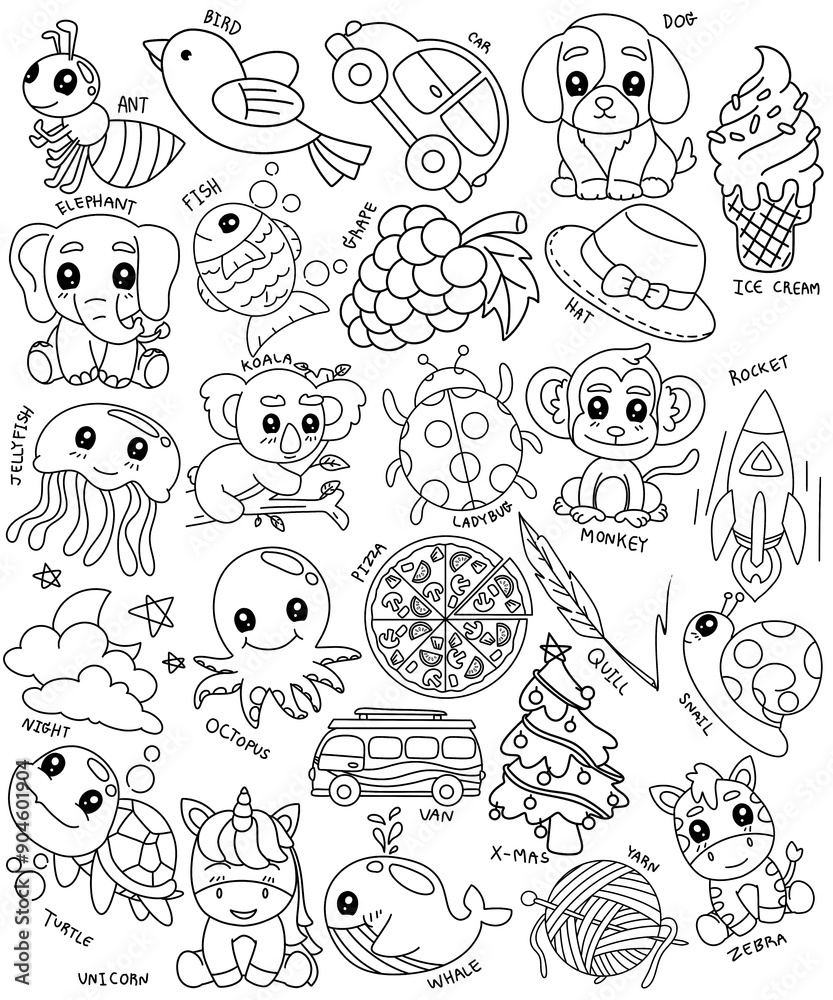 Fototapeta premium Cute lines English illustrated alphabet of English letters from A to Z. Learning English vocabulary. Learn to read. V.3