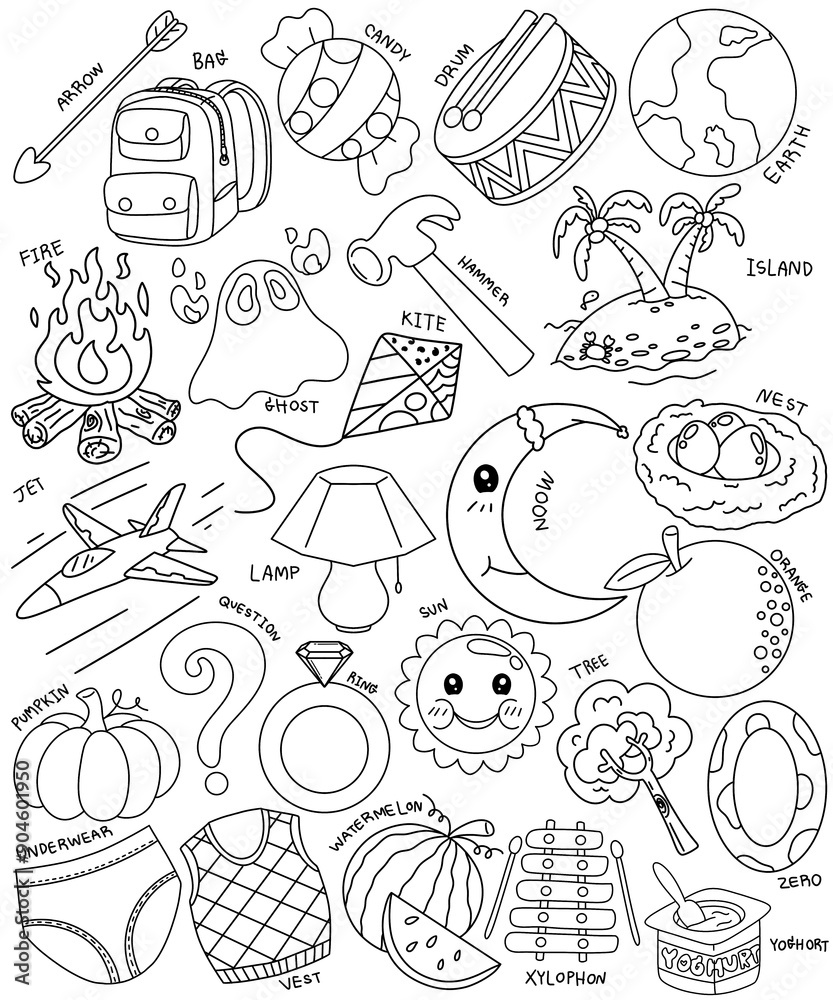 Cute line English illustrated alphabet of English letters from A to Z. Learning English vocabulary. Learn to read. V.2