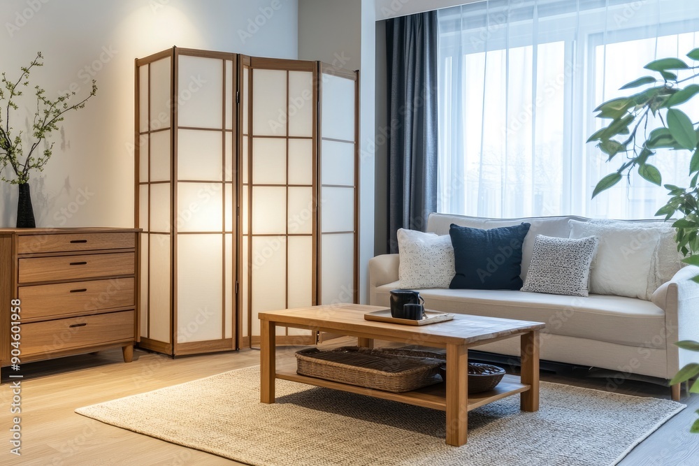 Fototapeta premium Light living room with folding screen, comfortable sofa, coffee table and chest of drawers, ai