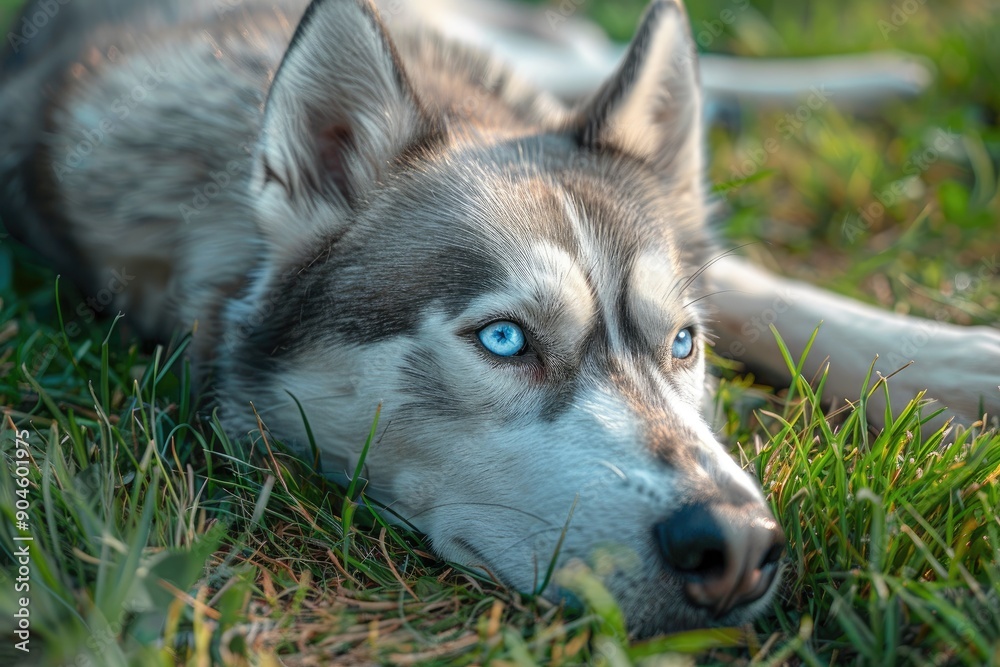 A dog is laying on the grass with its head tilted to the side. The dog has a blue eye and a white muzzle A dog is laying on the grass with its head tilted to the side. The dog has a blue eye and a white muzzle