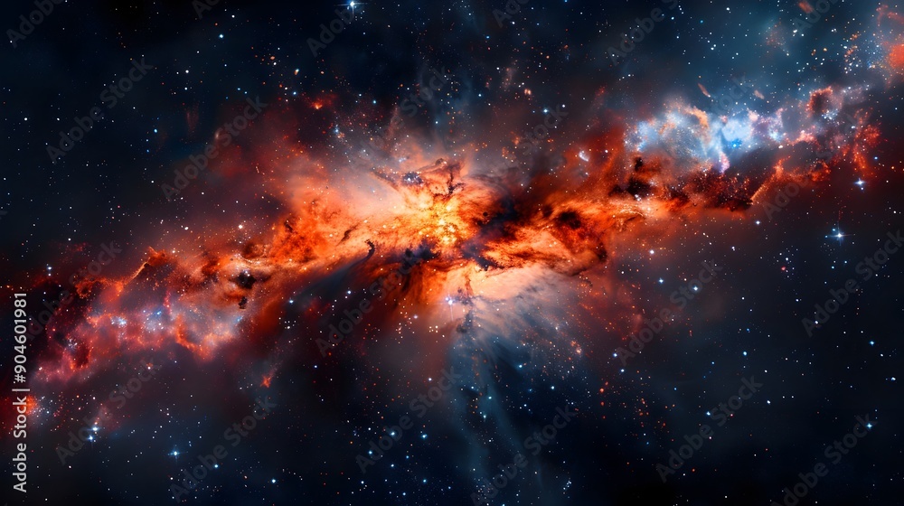 Obraz premium Stellar Wonders: Cosmic Galaxy Scene with Vibrant Stars and Nebulae, Captured in Deep Space Lighting with a Wide-Angle Perspective