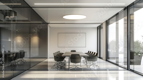 Modern conference room with glass walls, elegant furnishings, and natural light, perfect for meetings and corporate discussions.