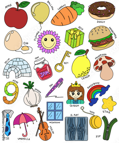 Cute colors English illustrated alphabet of English letters from A to Z. Learning English vocabulary. Learn to read. V.1