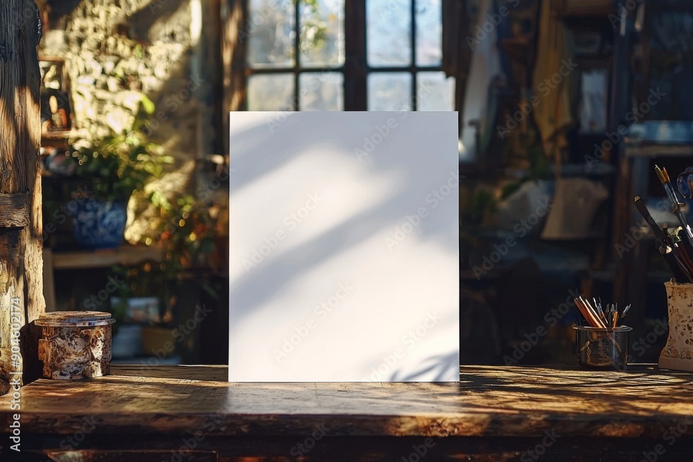 Obraz premium Blank paper mockup on table created with Generative AI