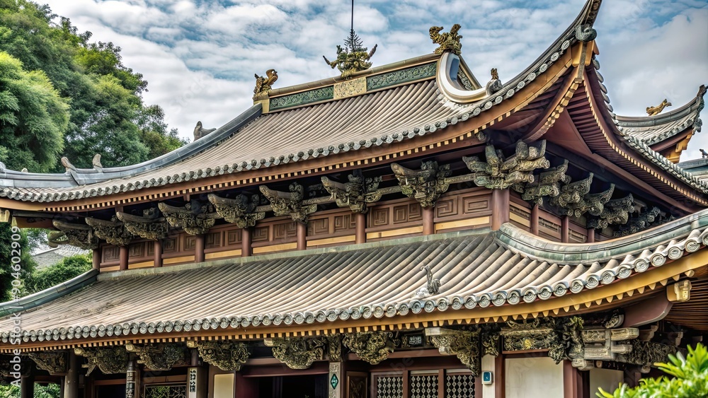 Traditional Chinese temple with intricate wooden carvings and curved roof tiles, ancient Traditional Chinese temple with intricate wooden carvings and curved roof tiles, ancient