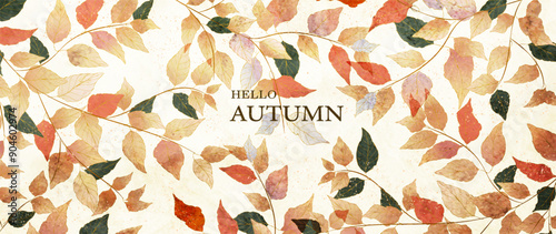 Art background with autumn leaves in watercolor style. Botanical fall banner for wallpaper, social media, print, textile, poster, cover, postcard, greetings, flyer, packaging.