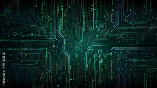 abstract background that evokes a digital matrix or circuit board. Use a cool color palette of greens and blues, with intricate lines and patterns resembling electrical pathways or binary code.