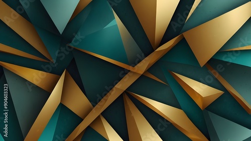 abstract background with a complex arrangement of interlocking geometric shapes in varying shades of teal and gold. 