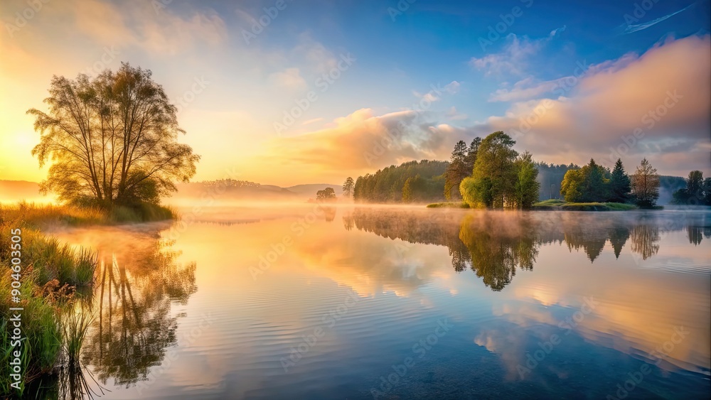 Tranquil lakeside scene with mist rising from water at dawn, dawn, tranquil, lake, mist, water, reflection, peaceful, nature Tranquil lakeside scene with mist rising from water at dawn, dawn, tranquil, lake, mist, water, reflection, peaceful, nature