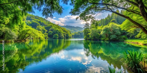 A tranquil lake surrounded by lush greenery, creating a moment of contemplative beauty , serenity, peaceful, reflection