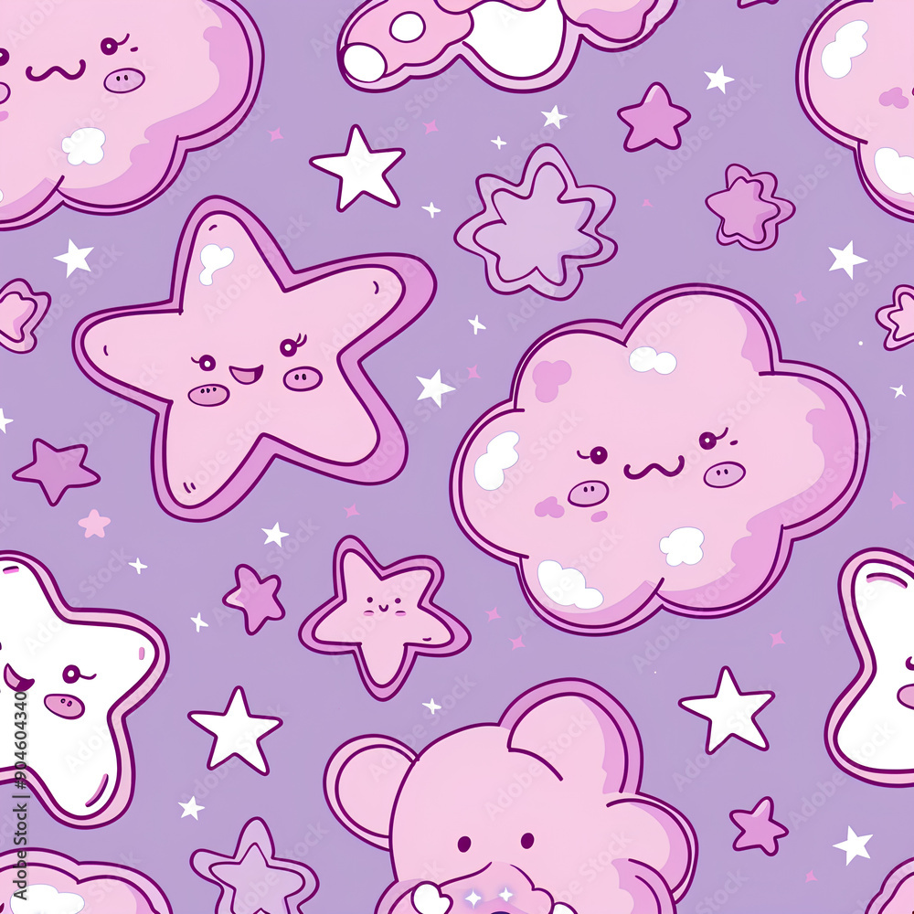Fototapeta premium Cute Pink and Purple Kawaii Star and Cloud Pattern