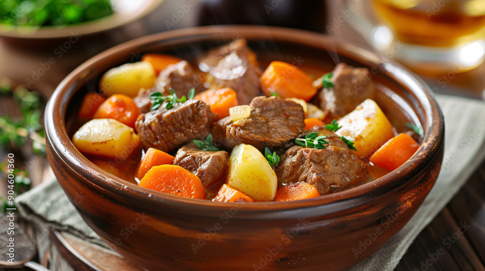 Bowl of hearty beef stew with potatoes and carrots Bowl of hearty beef stew with potatoes and carrots