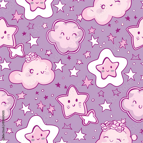 Cute Pink and Purple Kawaii Star and Cloud Pattern photo