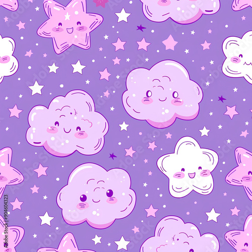 Cute Pink and Purple Kawaii Star and Cloud Pattern photo