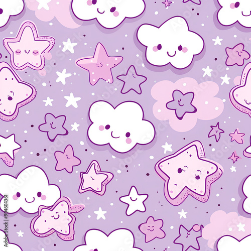 Cute Pink and Purple Kawaii Star and Cloud Pattern photo