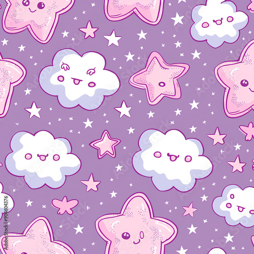 Cute Pink and Purple Kawaii Star and Cloud Pattern photo