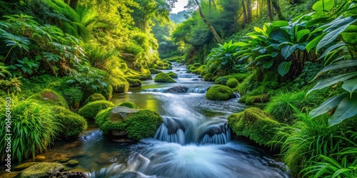 Close-up of a stream surrounded by lush green plants, stream, close-up, water, flowing, plants, green, lush, nature
