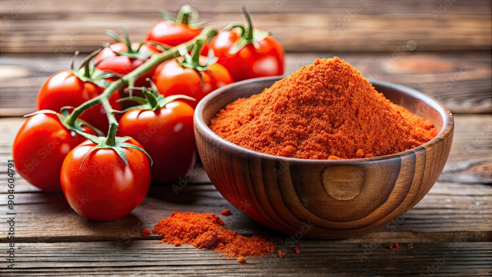 Tomato powder in a bowl with fresh tomatoes in the background , food, seasoning, ingredient, red, spice, healthy Tomato powder in a bowl with fresh tomatoes in the background , food, seasoning, ingredient, red, spice, healthy