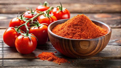 Tomato powder in a bowl with fresh tomatoes in the background , food, seasoning, ingredient, red, spice, healthy