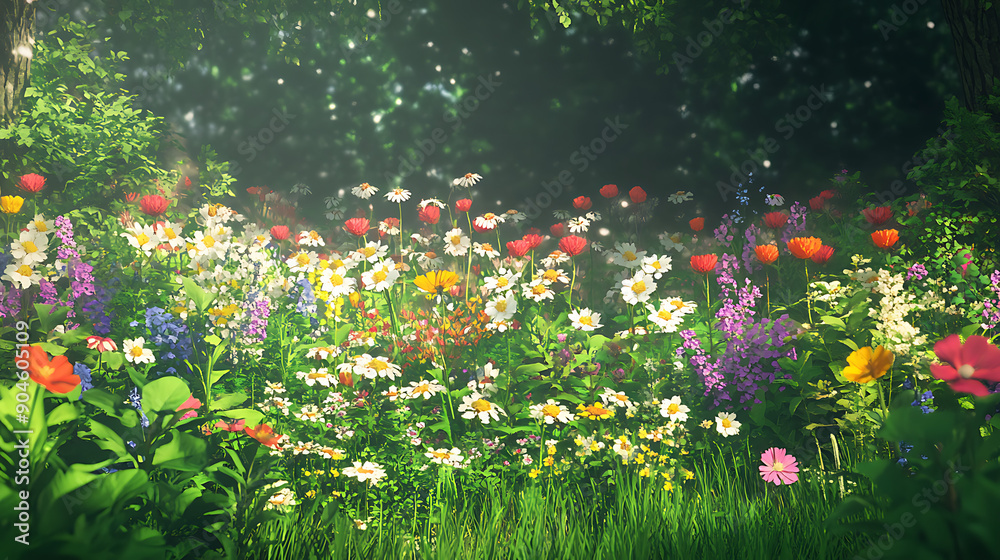 A variety of colorful wildflowers blooming in a lush meadow, surrounded by green foliage. A variety of colorful wildflowers blooming in a lush meadow, surrounded by green foliage.