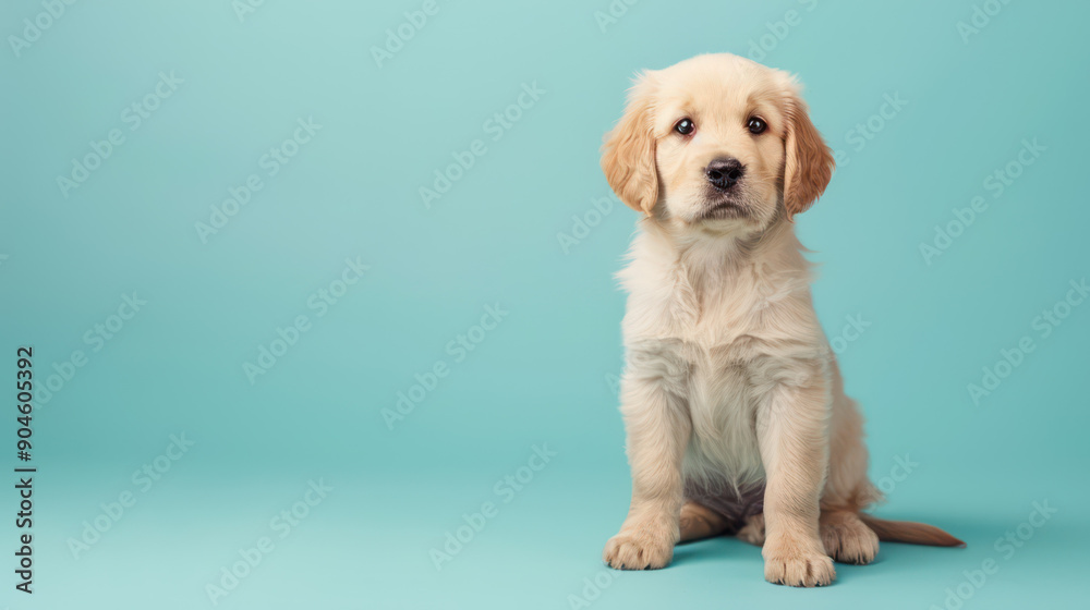 Fluffy cute Golden Retriever looking at camera sitting on a solid background in the studio with space for text Fluffy cute Golden Retriever looking at camera sitting on a solid background in the studio with space for text
