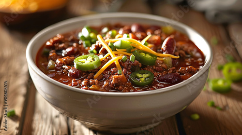 Bowl of spicy chili with cheese and jalapeno