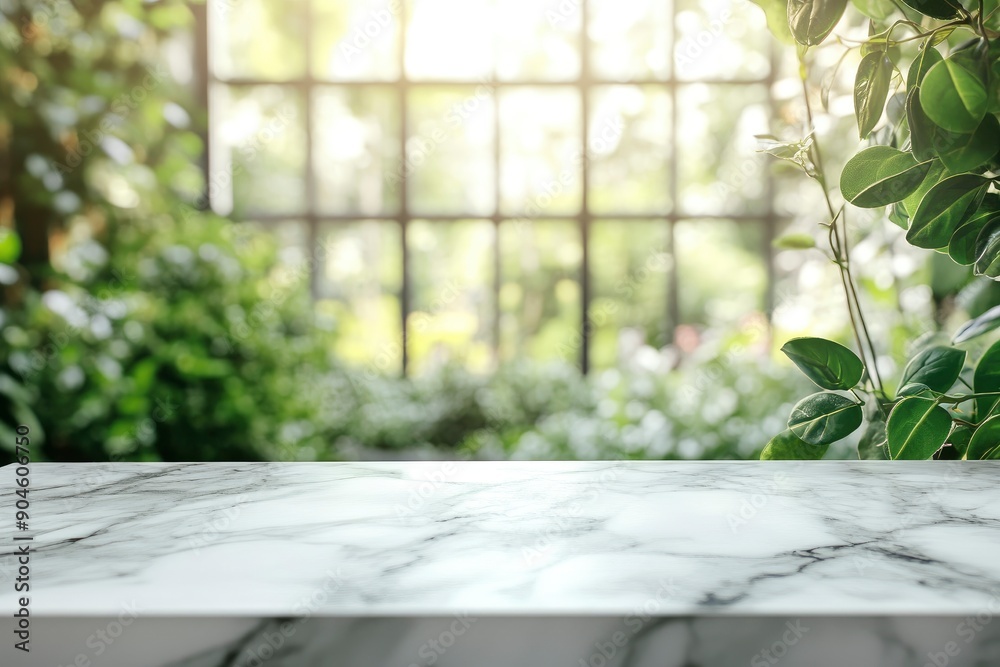 Selective focus.Elegance product display background with marble top on blur big window and fresh garden.copy space , ai Selective focus.Elegance product display background with marble top on blur big window and fresh garden.copy space , ai