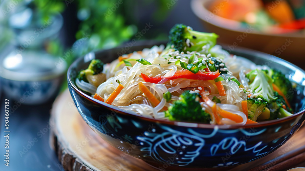 Bowl of vegetable stir-fry with rice noodles Bowl of vegetable stir-fry with rice noodles