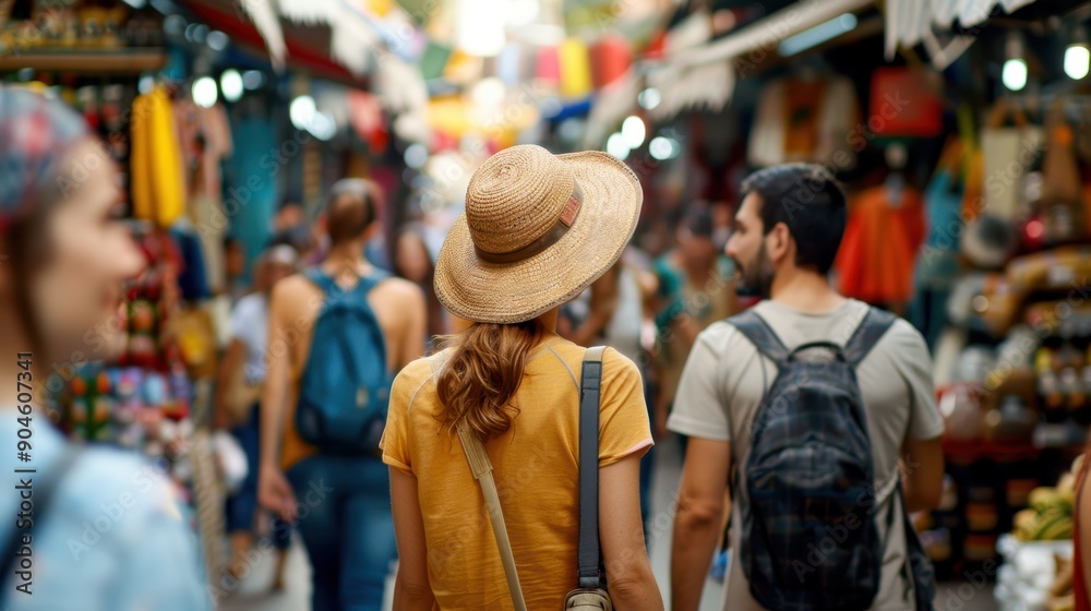 Tourists at a bustling market in an exotic city, savoring the vibrant atmosphere and diverse cultural experiences on offer Tourists at a bustling market in an exotic city, savoring the vibrant atmosphere and diverse cultural experiences on offer