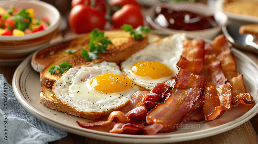 Breakfast spread with scrambled eggs, bacon, and toast Breakfast spread with scrambled eggs, bacon, and toast