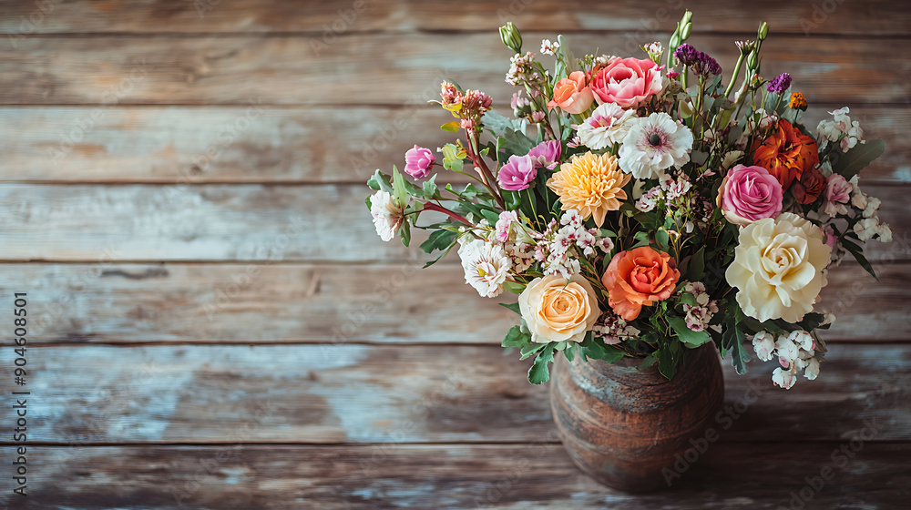 An overhead shot of a bouquet of mixed flowers arranged in a rustic vase, set against a wooden table background An overhead shot of a bouquet of mixed flowers arranged in a rustic vase, set against a wooden table background