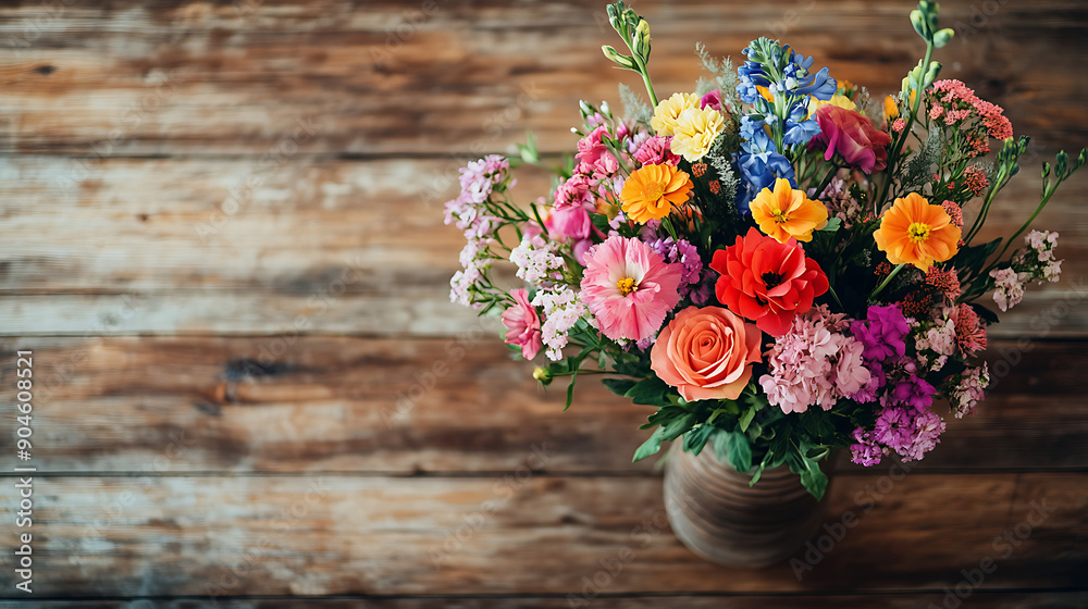 An overhead shot of a bouquet of mixed flowers arranged in a rustic vase, set against a wooden table background An overhead shot of a bouquet of mixed flowers arranged in a rustic vase, set against a wooden table background