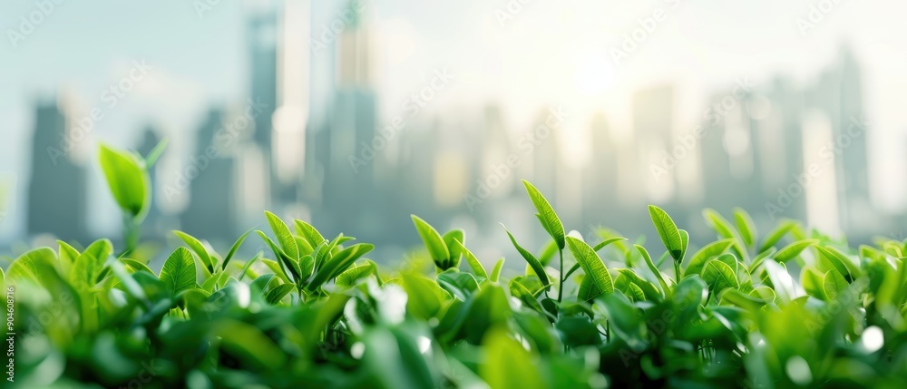 City skyline with thriving green plants in the foreground, illustrating sustainable urban design, ESG theme