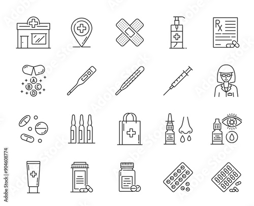 Pharmacy line icons of health and medical symbols, pills and medicines, outline vector. Hospital clinic, doctor nurse with prescription, thermometer, syringe and medications, nasal spray and eye drops