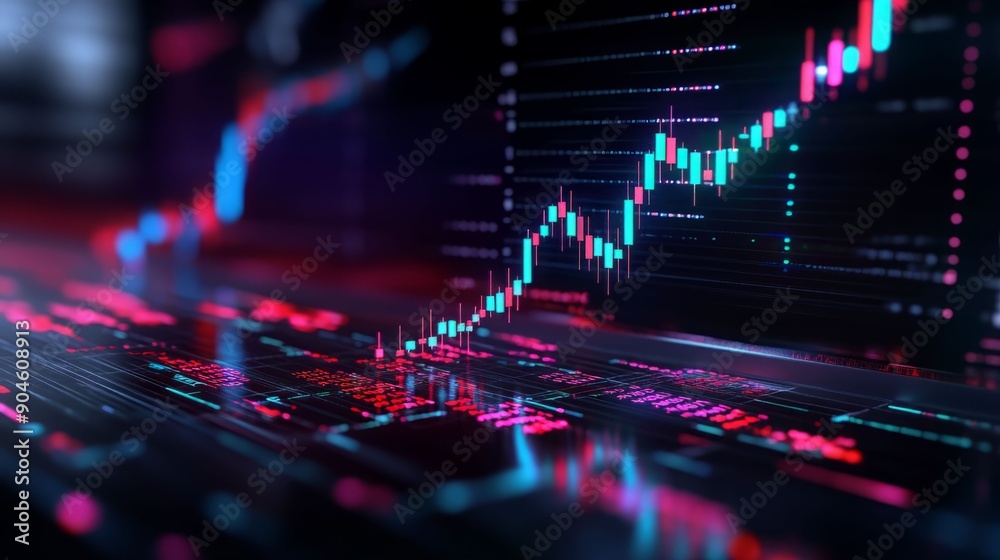 Obraz premium Vibrant stock market graph with rising trends and digital data overlay. Ideal for financial themes and investment visuals.