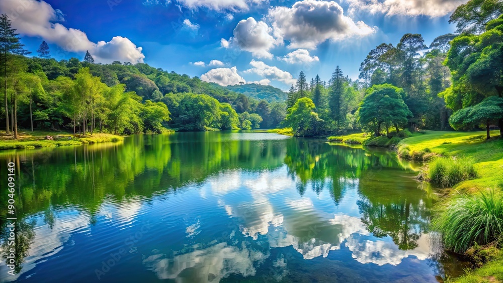 Fototapeta premium Serene natural water lake with lush surroundings , nature, lake, water, tranquil, peaceful, landscape, reflection, outdoors