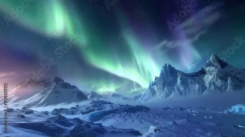 Aurora Borealis Dancing Over Snowy Mountains