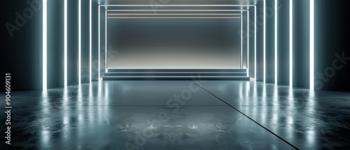 Blank podium with a high-tech theme, incorporating sleek surfaces and advanced tech visuals