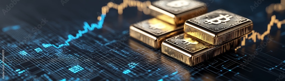 A close-up view of gold bars and a digital financial graph, symbolizing investment trends and cryptocurrency market growth. A close-up view of gold bars and a digital financial graph, symbolizing investment trends and cryptocurrency market growth.