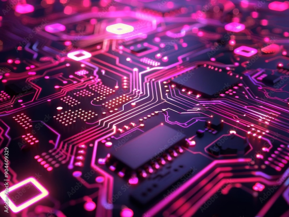 Close up of a glowing pink circuit board, representing technology and innovation. Close up of a glowing pink circuit board, representing technology and innovation.